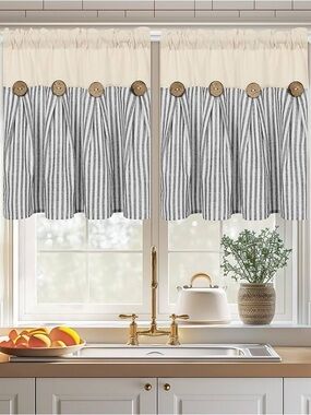 NWOT Farmhouse Striped Kitchen Valance Panels with Button Detail Set